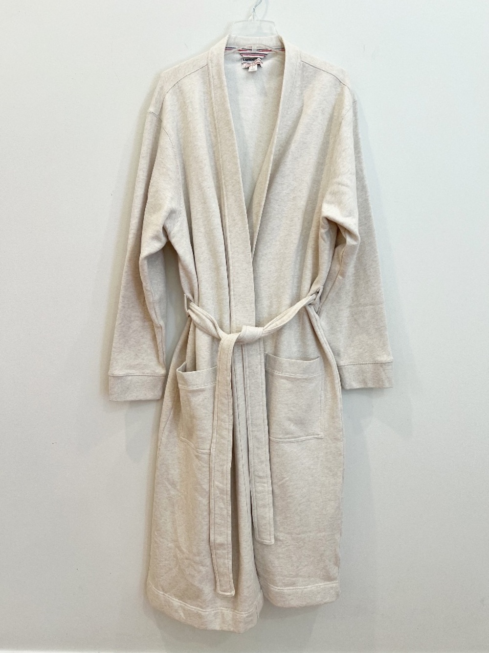 Lands End Bathrobe Mens Large Serious Sweats Flax Heather Fleece Belt Loungewear